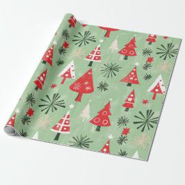Papel De Regalo Árboles de Navidad Retro Verde Rojo