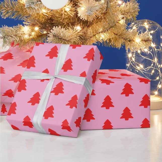 Papel De Regalo Árboles de Navidad rojos simples sobre rosa (Vacaciones)