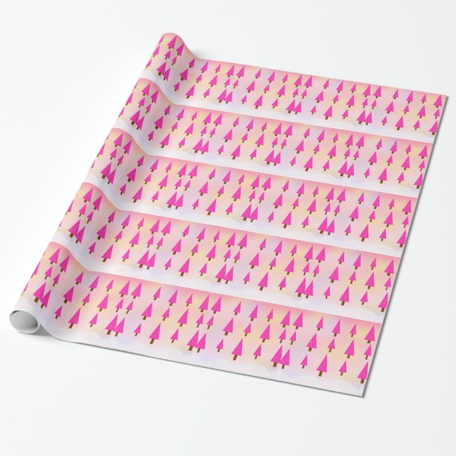 Papel De Regalo Árboles de Navidad rosados alegres (Desenrollado)