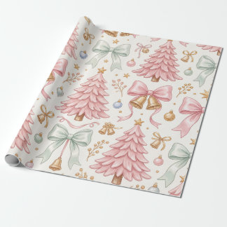 Papel De Regalo Árboles de Navidad rosados lazos de satén y campan