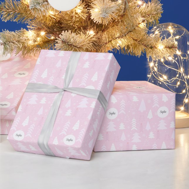 Papel De Regalo Árboles de navidad rosados personalizados (Vacaciones)