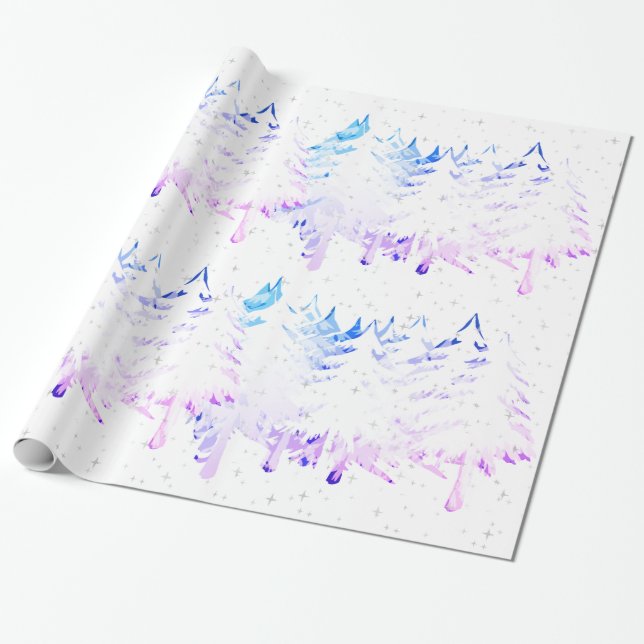 Papel De Regalo Árboles de navidad rosados púrpuras azules blancos (Desenrollado)