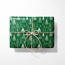Papel De Regalo Árboles de Navidad Rústicos verdes y blancos