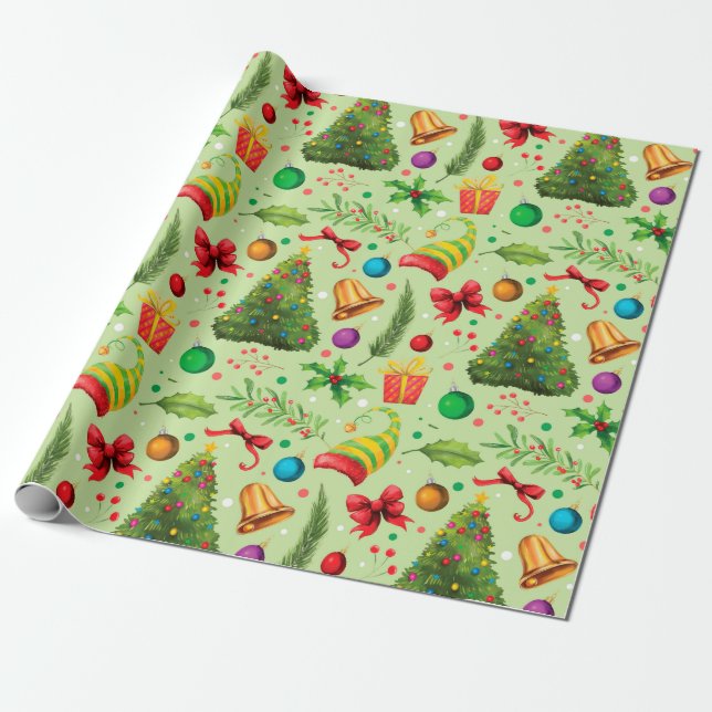 Papel De Regalo Árboles de navidad verde rojos Ornamentos Holly (Desenrollado)
