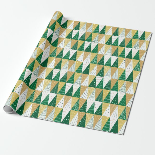 Papel De Regalo Árboles de Navidad verdes y dorados (Desenrollado)