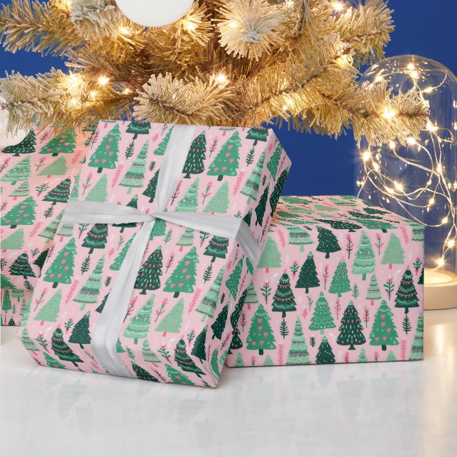 Papel De Regalo Árboles de Navidad verdes y rosados (Vacaciones)