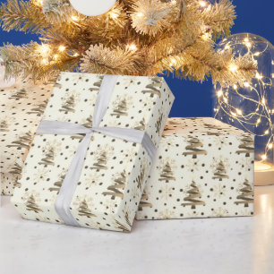 Papel De Regalo Árboles de Navidad y copos de nieve dorados, tonos