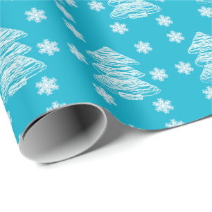 Papel De Regalo Árboles de Navidad y copos de nieve modernos azul