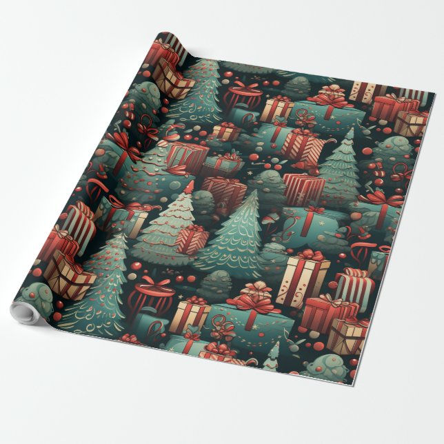 Papel De Regalo Árboles de Navidad y regalos (Desenrollado)