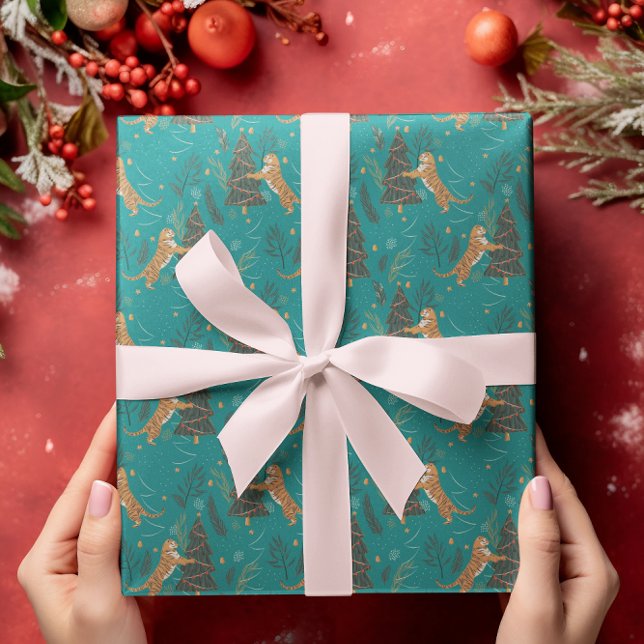 Papel De Regalo Árboles de Navidad y tigres patrón en turquesa (Subido por el creador)