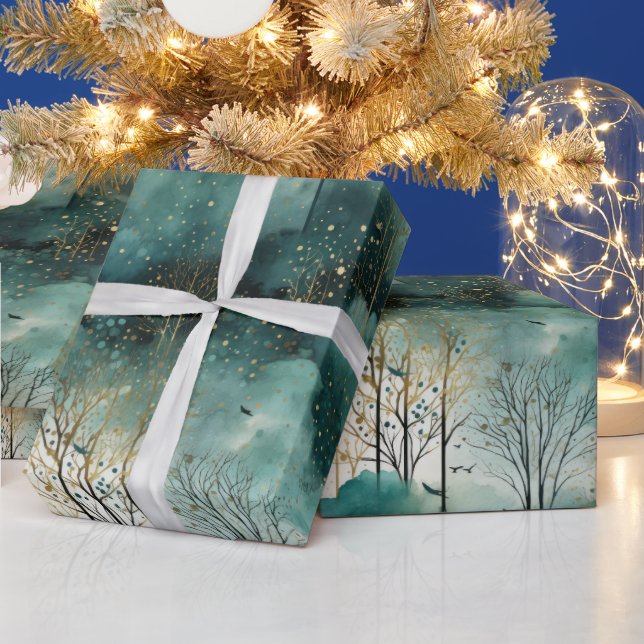 Papel De Regalo Árboles de oro verdes con Navidades de aves (Vacaciones)