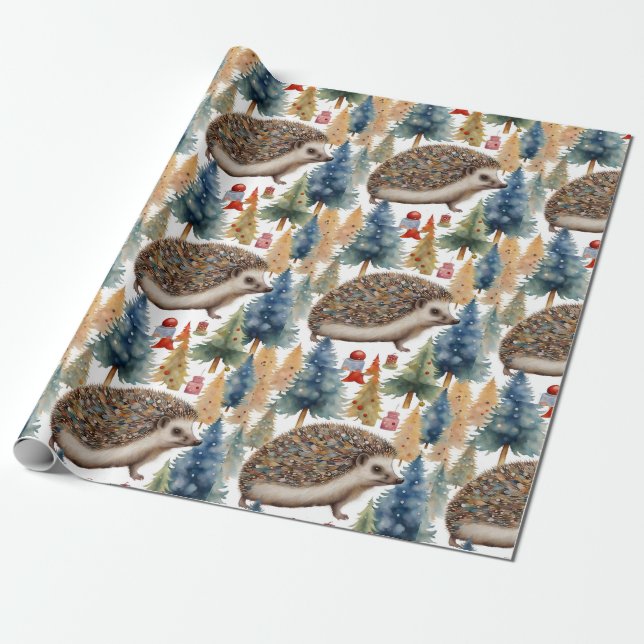 Papel De Regalo Árboles de vacaciones Cute Hedgehog (Desenrollado)