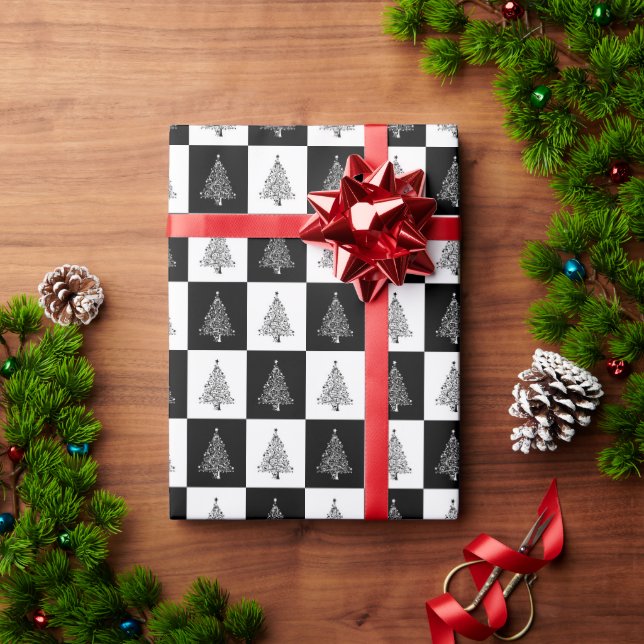 Papel De Regalo Árboles modernos de Navidad Patrón blanco y negro (Regalo de vacaciones)