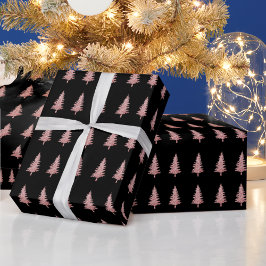 Papel De Regalo Árboles modernos de Navidad rosados en negro