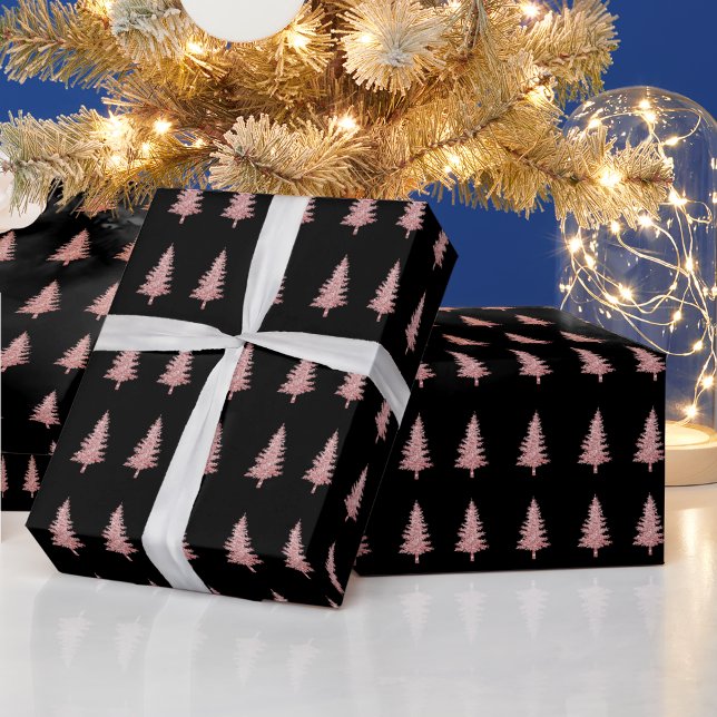 Papel De Regalo Árboles modernos de Navidad rosados en negro (Subido por el creador)