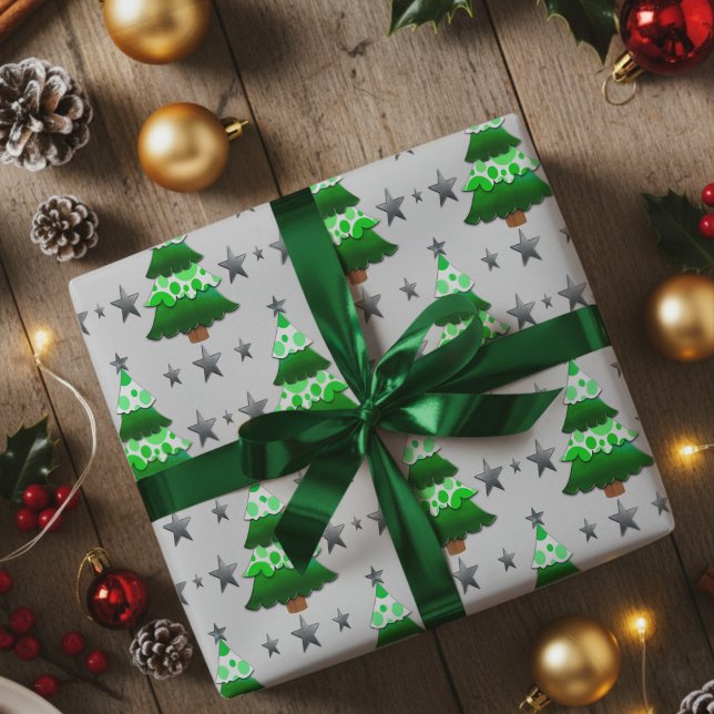 Papel De Regalo Árboles modernos de Navidad y estrellas plateadas (Add a little whimsy to Christmas with this hand drawn unusual trees and stars wrapping paper.)