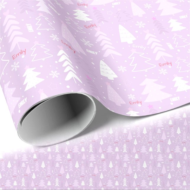 Papel De Regalo Árboles morados rosados Navidades de texto de nomb (Pink Purple Trees Winter Name Text Christmas Wrapping Paper)