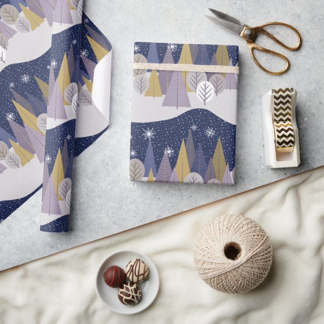 Papel De Regalo Árboles navideños azules y dorados de la marina (Artesanía)