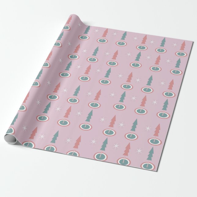 Papel De Regalo Árboles navideños copos de nieve verde rosado (Desenrollado)