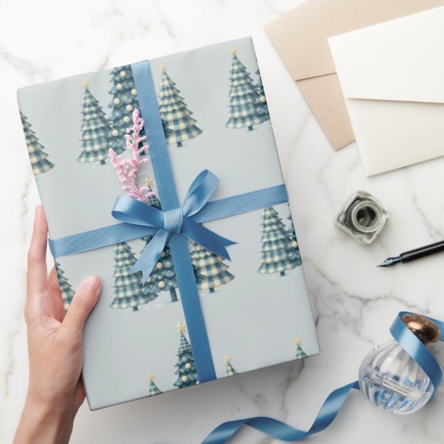 Papel De Regalo Árboles navideños de Blue Checkered (Regalar)