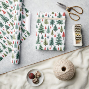 Papel De Regalo Árboles navideños de color agua en blanco