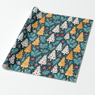 Papel De Regalo Árboles navideños de color azul y Naranja