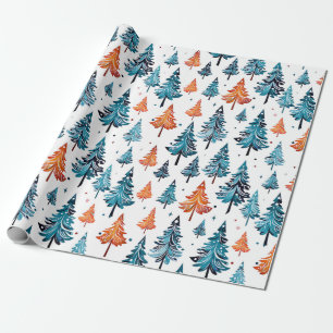 Papel De Regalo Árboles navideños de color azul y Naranja