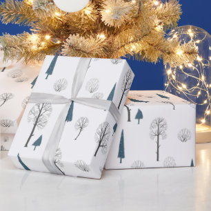Papel De Regalo Árboles navideños de invierno de Woodland azul Min