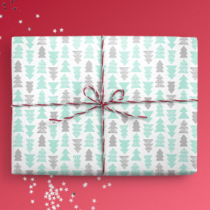 Papel De Regalo Árboles navideños de menta y gris claro