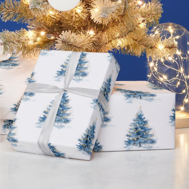 Papel De Regalo Árboles navideños de oro azul (Vacaciones)