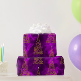 Papel De Regalo Árboles navideños de oro contemporáneos en morado