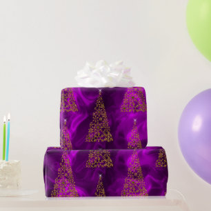 Papel De Regalo Árboles navideños de oro contemporáneos en morado