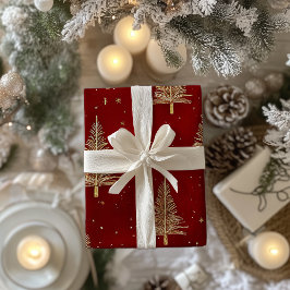 Papel De Regalo Árboles navideños de oro festivo en rojo