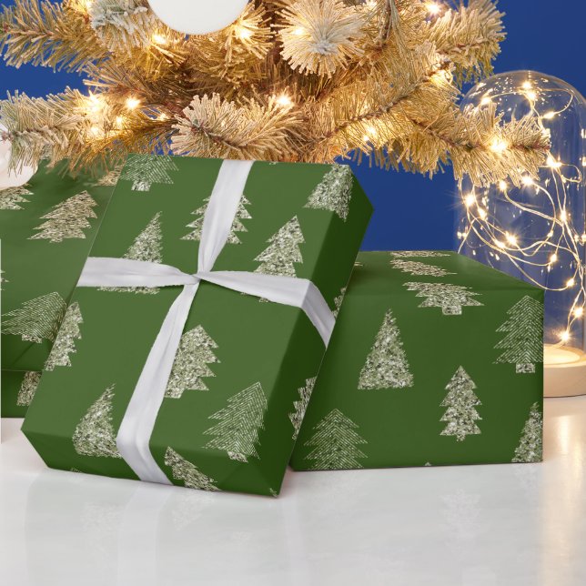 Papel De Regalo Árboles navideños de Purpurina verde oliva (Vacaciones)