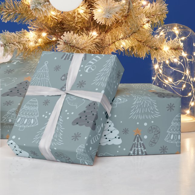 Papel De Regalo Árboles navideños deambulan con nieve Navidades ve (Vacaciones)