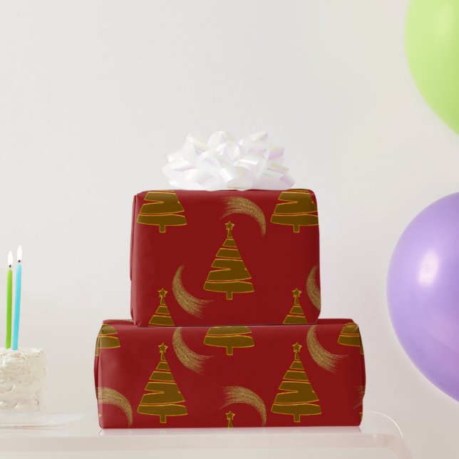 Papel De Regalo Árboles navideños dorados y rojizos rojos (Regalos de fiesta)