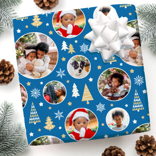 Papel De Regalo Árboles navideños feroces Copos de nieve Foto Azul