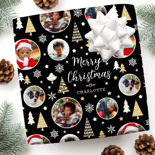 Papel De Regalo Árboles navideños feroces Copos de nieve foto negr
