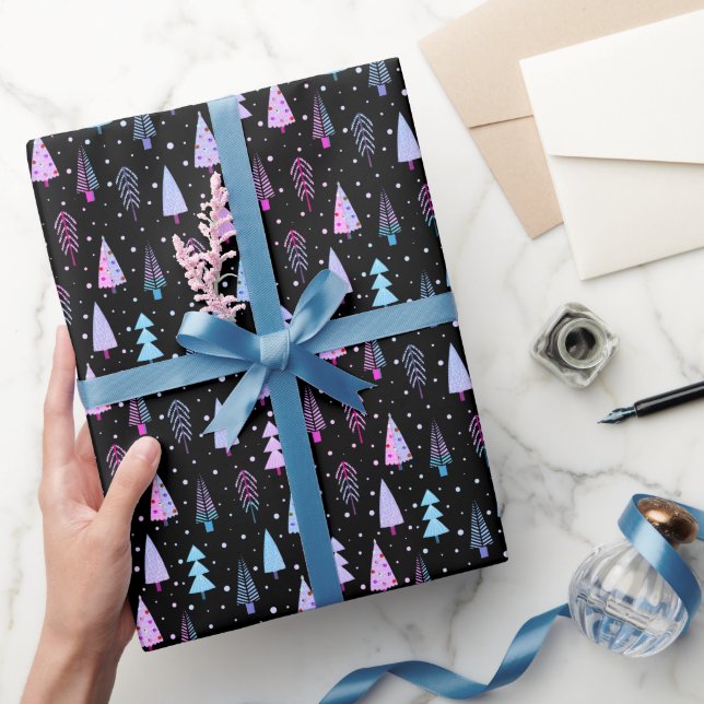 Papel De Regalo Árboles navideños modernos morado rosado negro (Regalar)