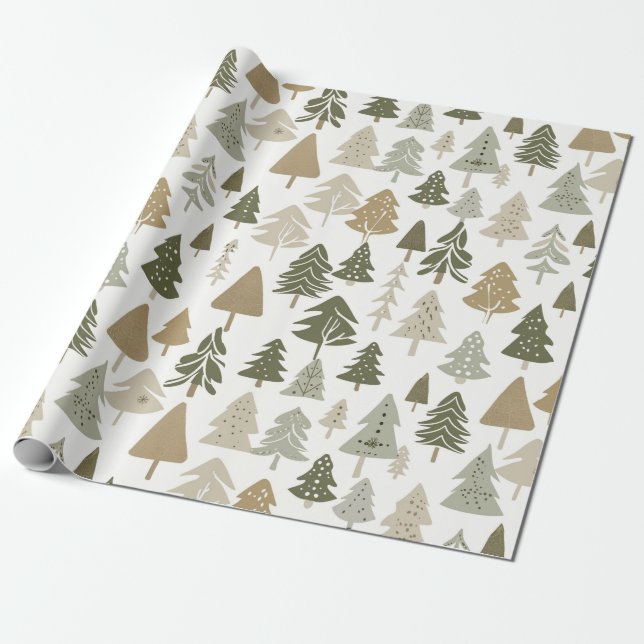 Papel De Regalo Árboles navideños modernos Patrón verde oliva (Desenrollado)