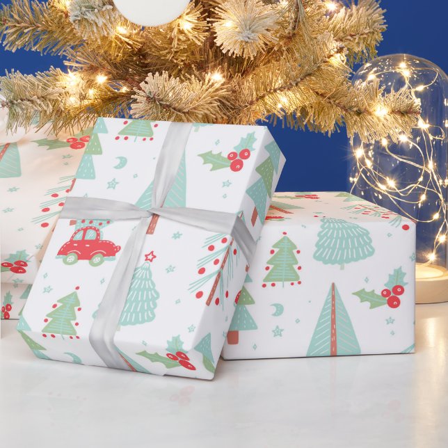 Papel De Regalo Árboles navideños modernos Viajes Coche rojo (Vacaciones)