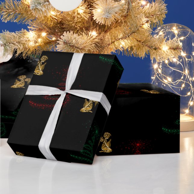 Papel De Regalo Árboles navideños modernos y ángeles de oro (Subido por el creador)