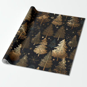 Papel De Regalo Árboles navideños negros y dorados
