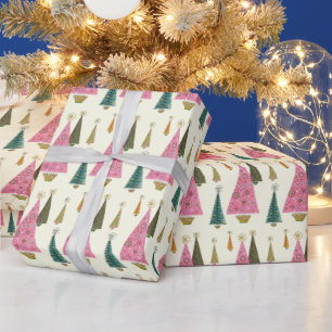 Papel De Regalo Árboles navideños oro rosado retro verde