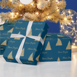 Papel De Regalo Árboles navideños Purpurinas de oro azul invernal