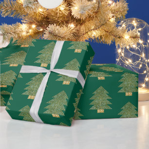 Papel De Regalo Árboles navideños Purpurinas de oro verde