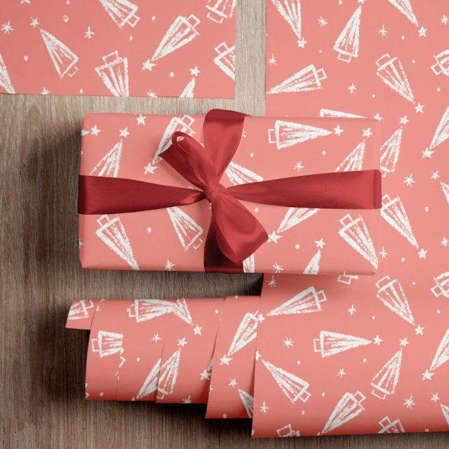 Papel De Regalo Árboles navideños rosados con patrones (A vintage pink background with a simple and beautiful white tree pattern will make perfect gift wrap)