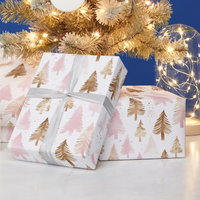 Papel De Regalo Árboles navideños rosados y dorados (Vacaciones)