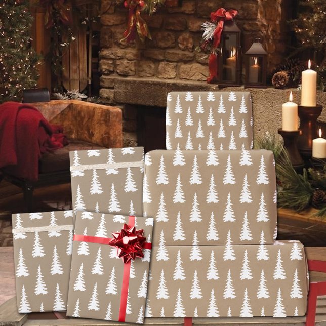 Papel De Regalo Árboles navideños rústicos de Kraft White Woodland (Rustic Kraft White Woodland Christmas Trees Holiday Gift Wrapping Paper Rolls)