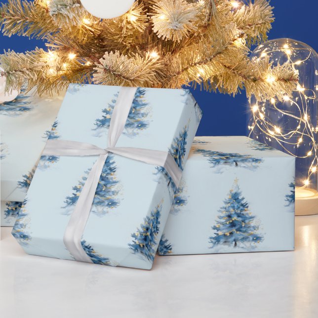 Papel De Regalo Árboles navideños Sky Blue Gold (Vacaciones)